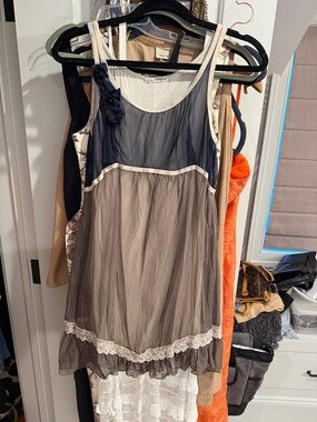 Sheer Navy and Taupe Layered Midi Dress with Lace Trim